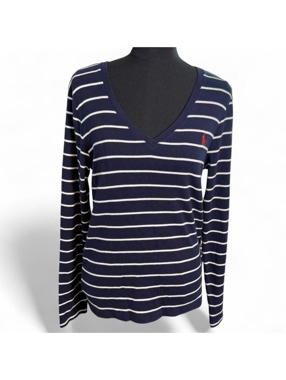 Polo Ralph Lauren Mariner Stripe V-neck Long Sleeved 100% Cotton Knit Size XL